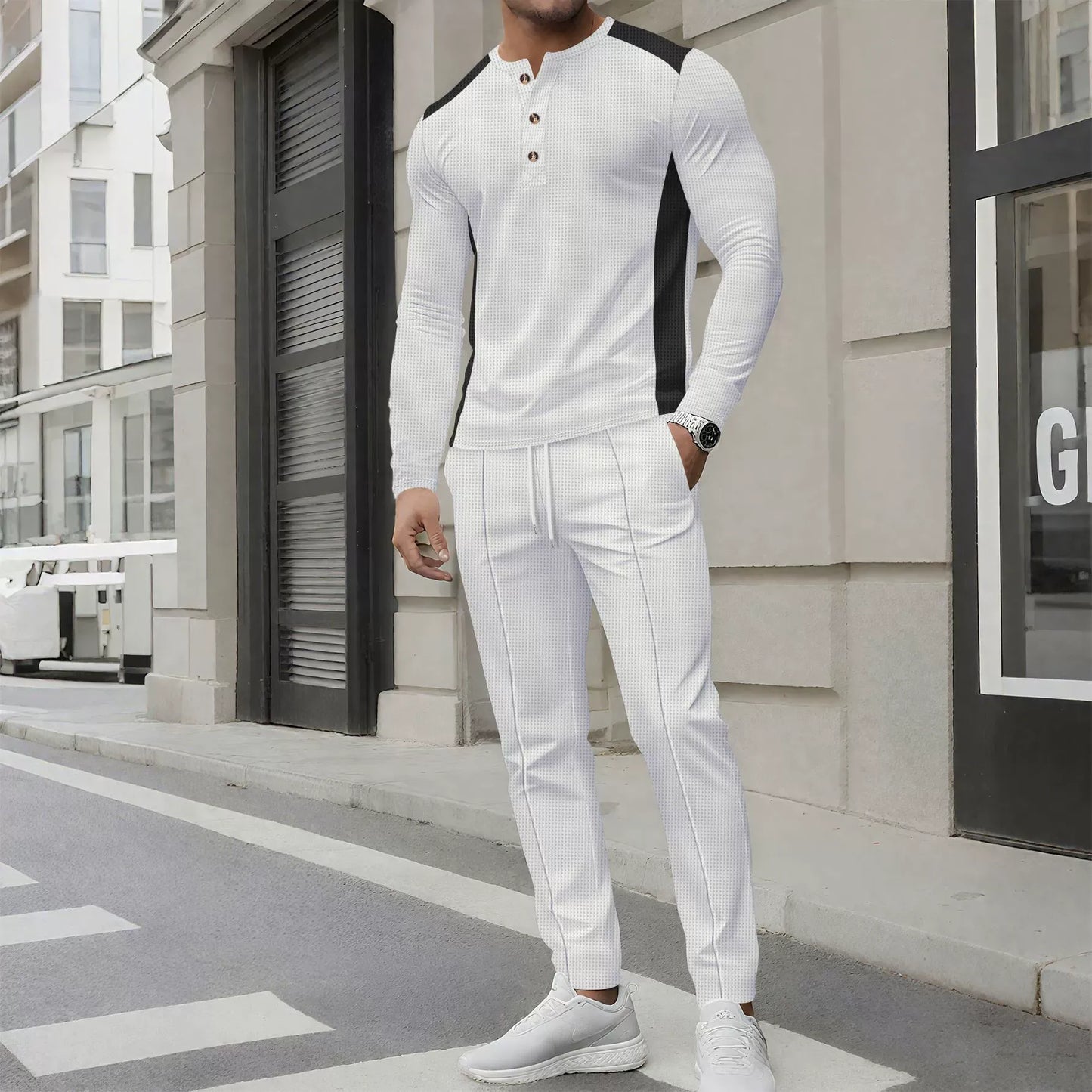 Herren Zweiteiler Set – Slim Fit Henley Shirt und Hose – Waffelstruktur – Knopfleiste