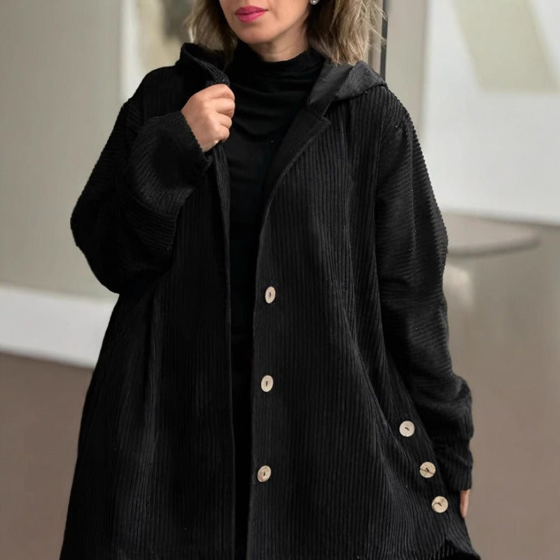 Damen Freizeitjacke – Cordstoff – Lockerer Schnitt – Kapuze – Knopfverschluss