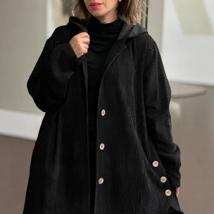 Damen Freizeitjacke – Cordstoff – Lockerer Schnitt – Kapuze – Knopfverschluss