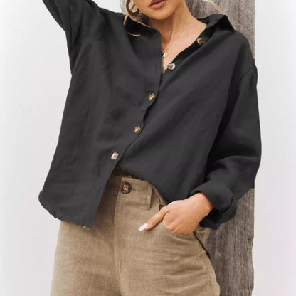 Damen Bluse – Lockerer Schnitt – Leichtes Cotton-Linnen – Langarm – Knopfleiste