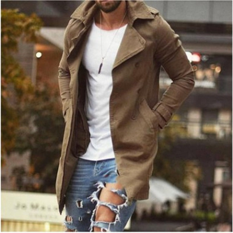 Herren Mantel – Slim Fit – Baumwollmix – Doppelreiher mit Revers – Mittellang