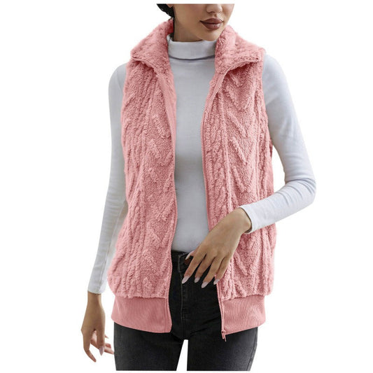 Damen Weste ärmellos – Jacquard Fleece – Reißverschluss – Hoher Kragen – Lockerer Schnitt