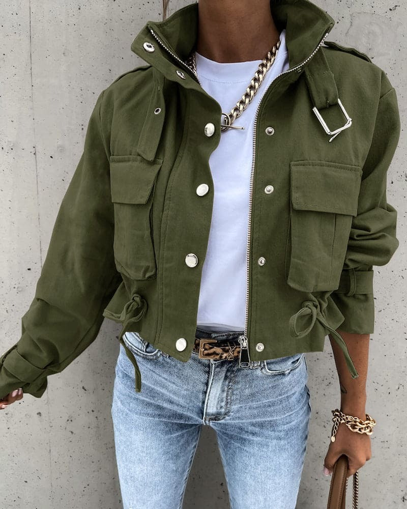 Damen Cropped Jacke – Cottonmix – Relaxed Fit – Utility Stil – Kordelzug Taille