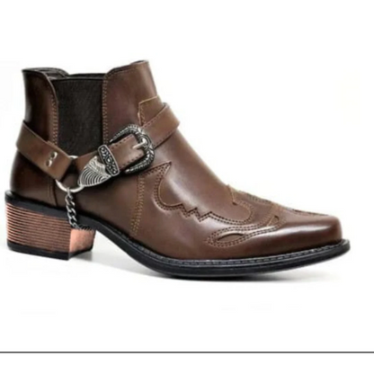 Herren Cowboy Stiefeletten – Leder – Spitz zulaufend – Harness mit Kette – Slip-On