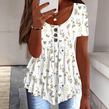 Damen Bluse – Lockerer Schnitt – Rüschensaum – Knopfleiste – Atmungsaktives Material – Blumenmuster