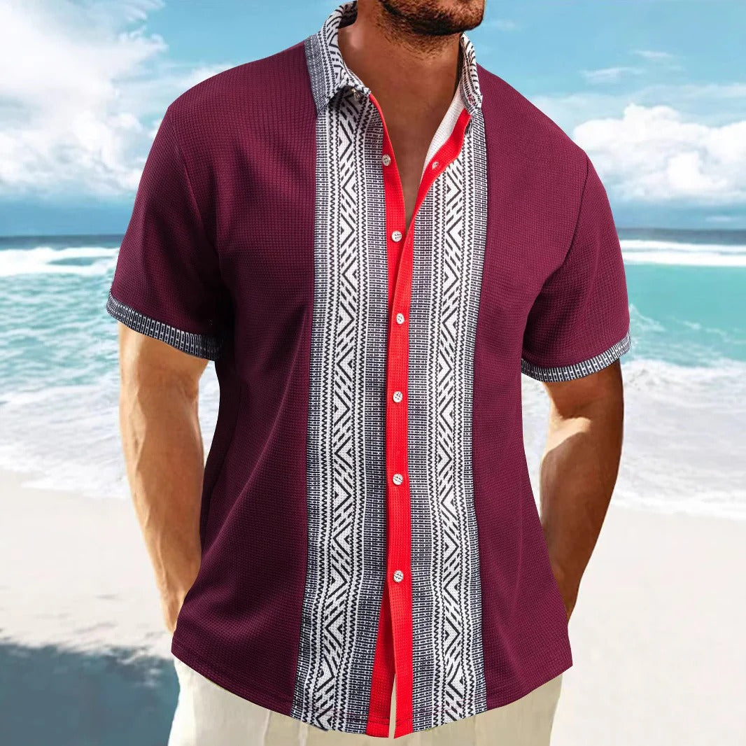 Herren Kurzarmhemd – Relaxed Fit – Ethno Muster – Atmungsaktiver Baumwollstoff