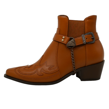 Herren Cowboy Stiefeletten – Leder – Spitz zulaufend – Harness mit Kette – Slip-On