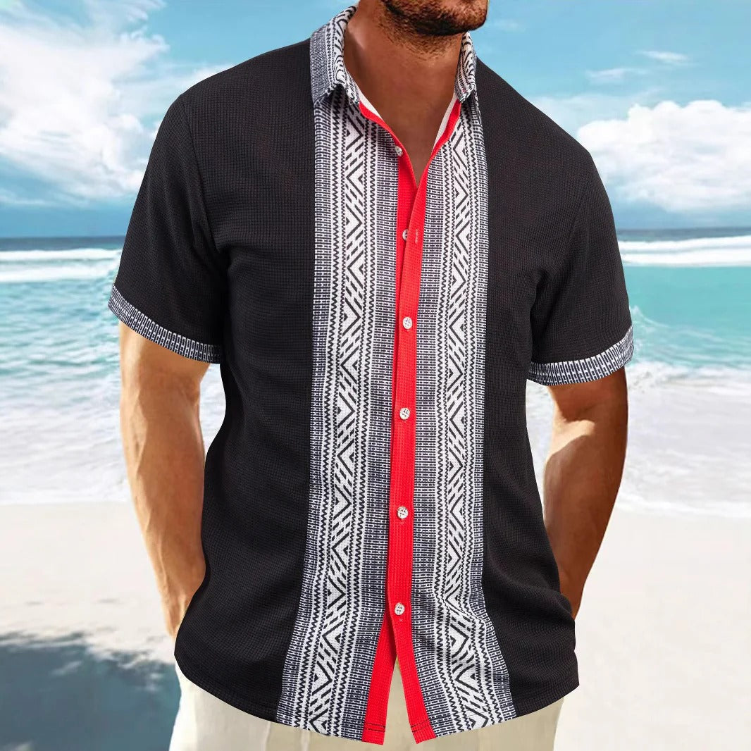 Herren Kurzarmhemd – Relaxed Fit – Ethno Muster – Atmungsaktiver Baumwollstoff