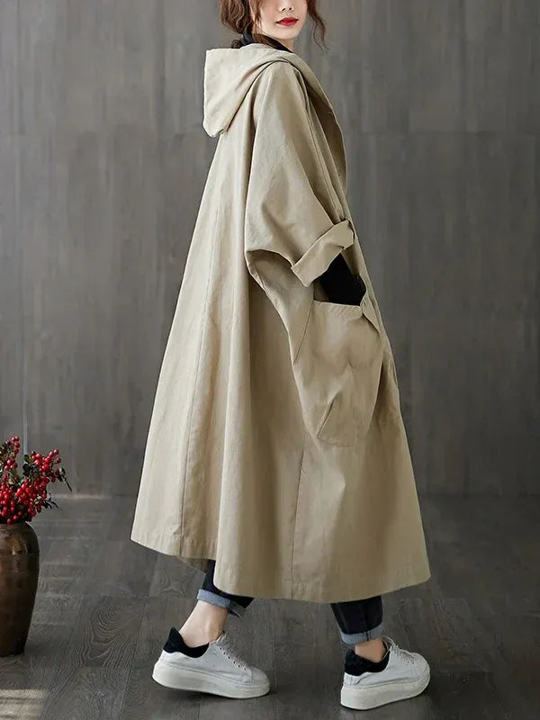 Damen Trenchcoat – Oversized Passform – Wasserabweisend – Mit Kapuze & Taschen