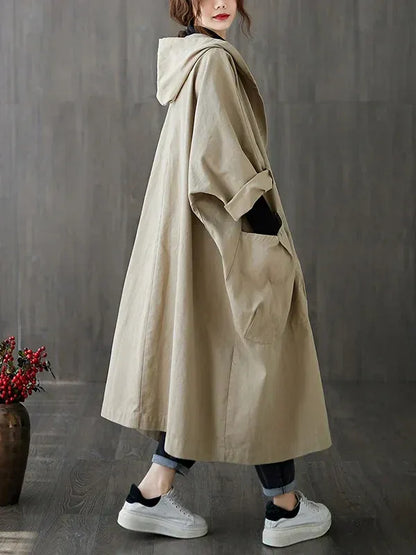 Damen Trenchcoat – Oversized Passform – Wasserabweisend – Mit Kapuze & Taschen
