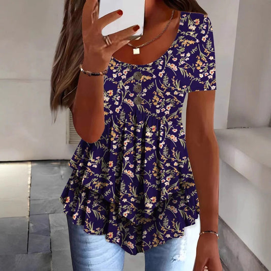 Damen Bluse – Lockerer Schnitt – Rüschensaum – Knopfleiste – Atmungsaktiv – Blumenmuster