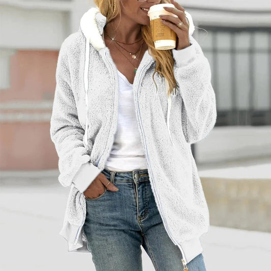 Damen Kapuzenmantel – Teddyfleece – Oversize Fit – Reißverschluss – Freizeit-Look