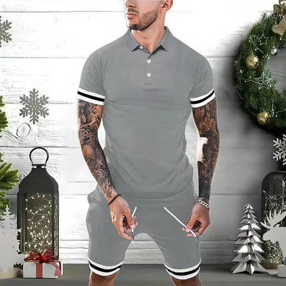 Herren Set – Poloshirt & Shorts – Slim Fit – Atmungsaktiv – Kurzarm – Sportliche Streifen – Elastischer Bund