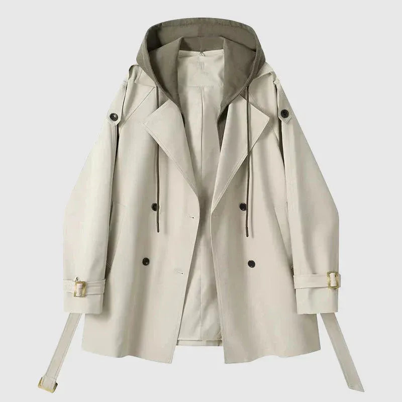 Damen Trenchcoat – Oversized Fit – Kapuze – Doppelreiher – Gürtel – Baumwolloptik