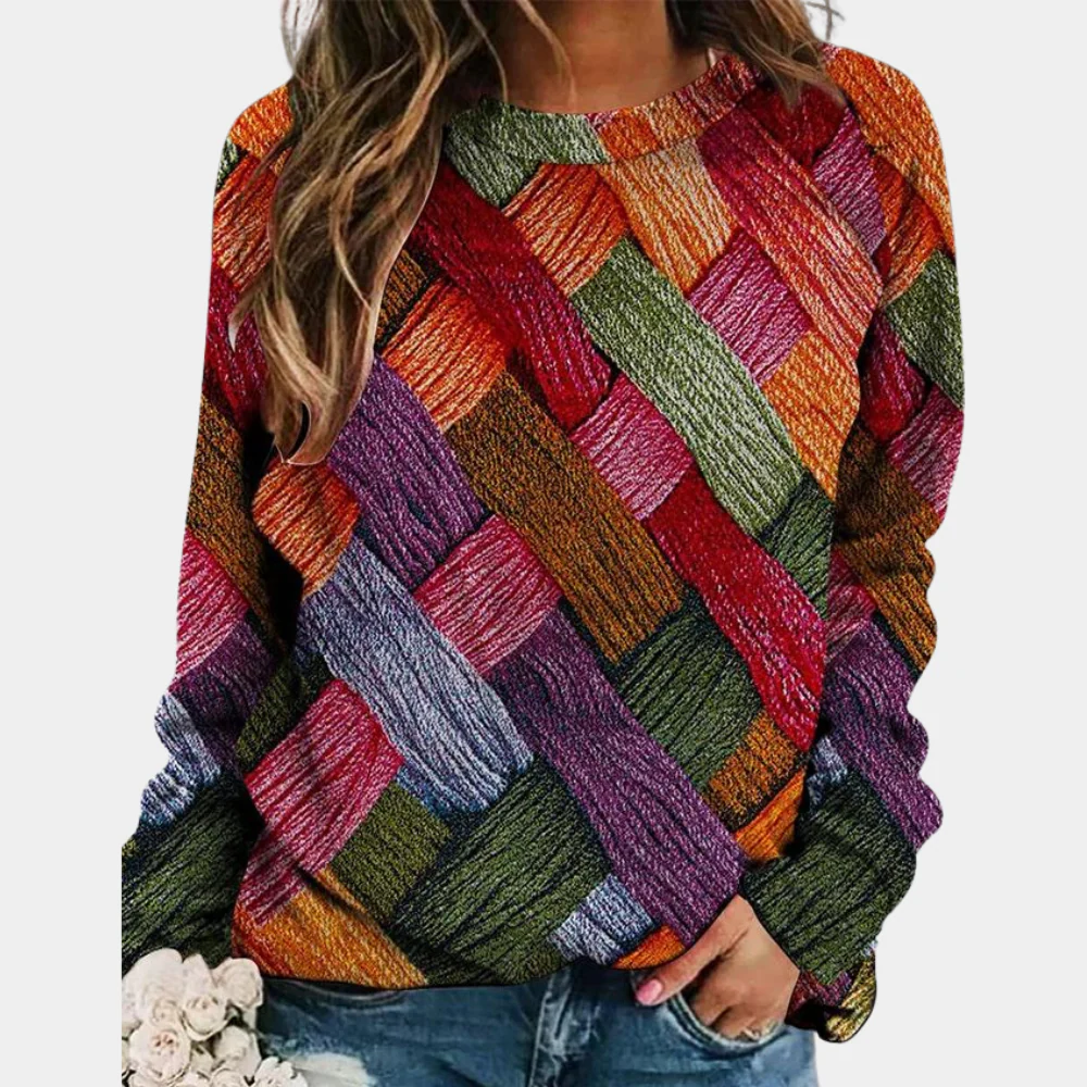 Damen Strickpullover – Wollmix – Lockerer Schnitt – Karomuster – Rundhalsausschnitt