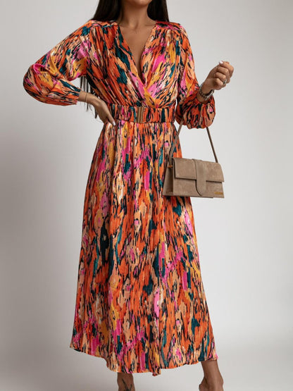 Damen Maxikleid – Lockere Passform – V-Ausschnitt – Taillengürtel – Schlitzrock – Langarm – Gemustert