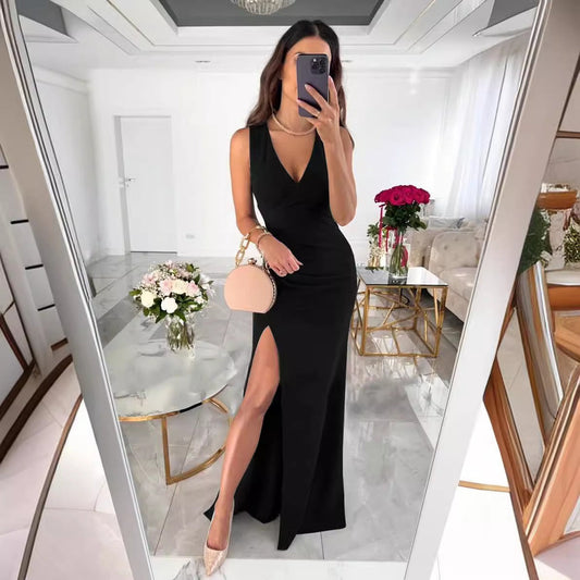 Damen Abendkleid – Slim Fit – V-Ausschnitt – Ärmellos – Maxilänge mit Schlitz
