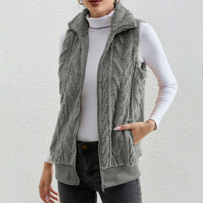 Damen Weste ärmellos – Jacquard Fleece – Reißverschluss – Hoher Kragen – Lockerer Schnitt