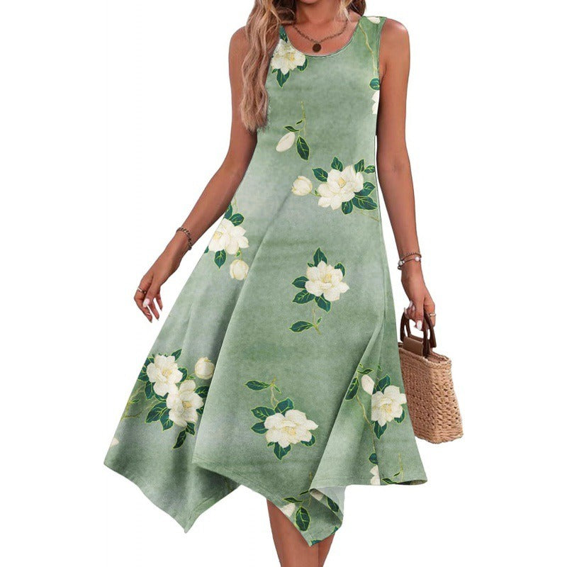 Damen Midikleid – Baumwollmischung – Ärmellos – A-Linie – Asymmetrischer Saum – Abstraktes Muster