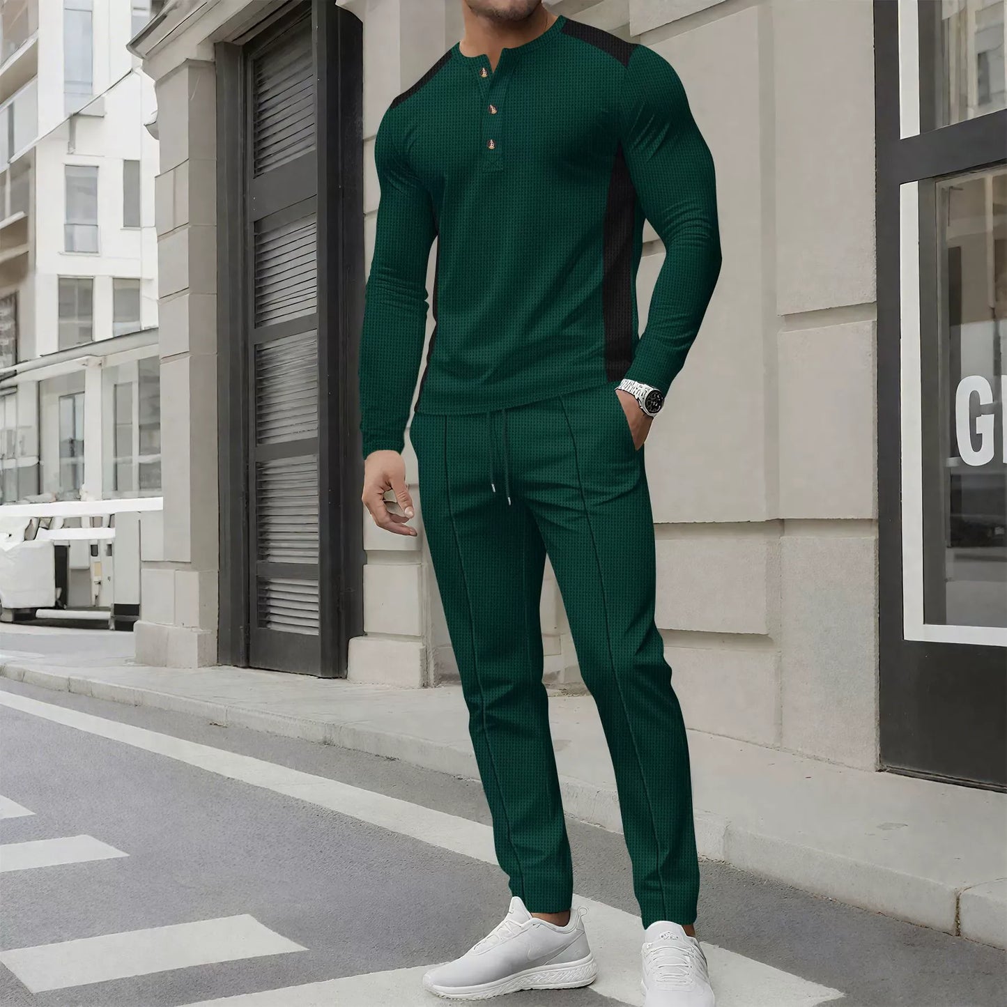 Herren Zweiteiler Set – Slim Fit Henley Shirt und Hose – Waffelstruktur – Knopfleiste