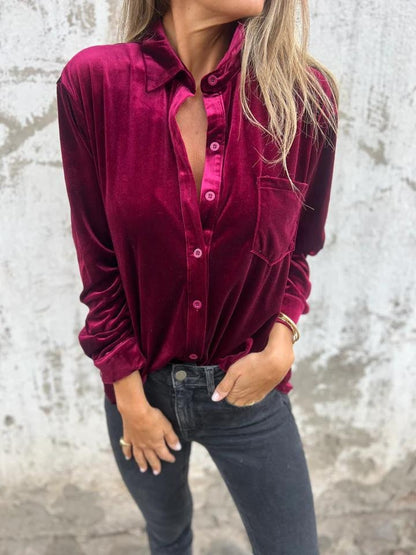 Damen Shirt – Lockerer Schnitt – Velvet – Langarm – Single-Breasted mit Tasche