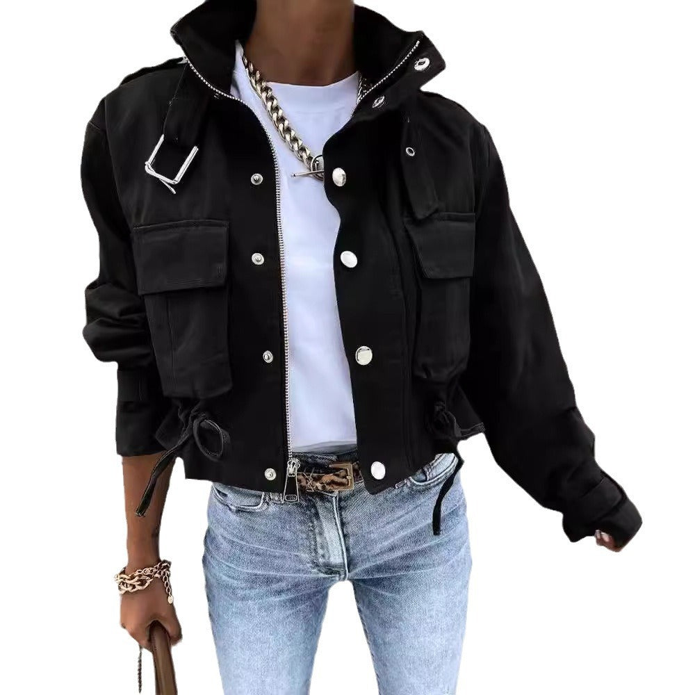 Damen Cropped Jacke – Baumwollmix – Lockerer Schnitt – Bold Print – Zipper & Kordelzug