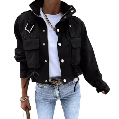 Damen Cropped Jacke – Baumwollmix – Lockerer Schnitt – Bold Print – Zipper & Kordelzug