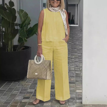 Damen Anzug Set ärmellos – Luftiger Schnitt – Linnen Baumwollmix – Weite Hose