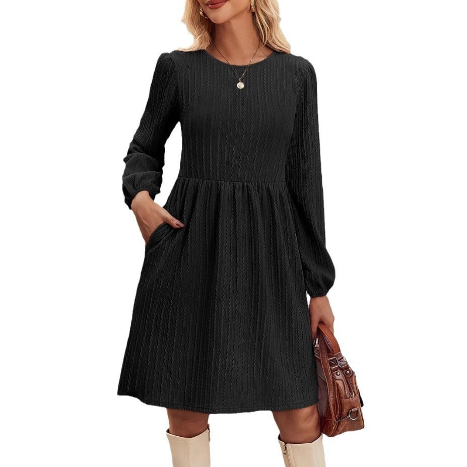 Damen Kleid – Fit and Flare – Strukturiertes Jacquard – Rundhals – Puffärmel Langarm