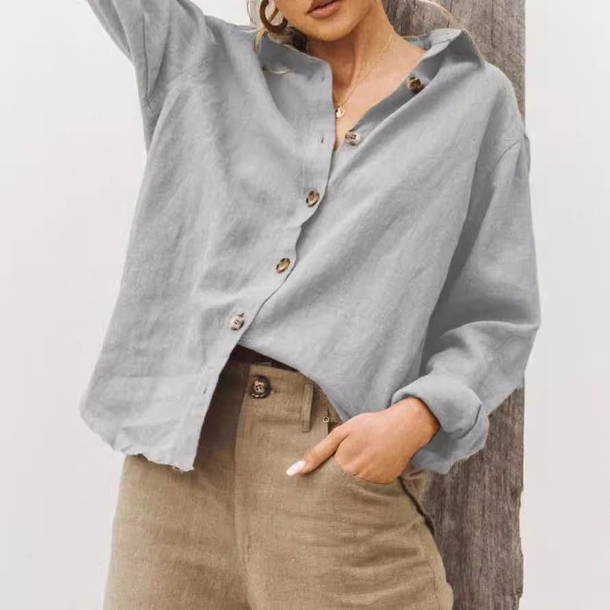 Damen Bluse – Lockerer Schnitt – Leichtes Cotton-Linnen – Langarm – Knopfleiste