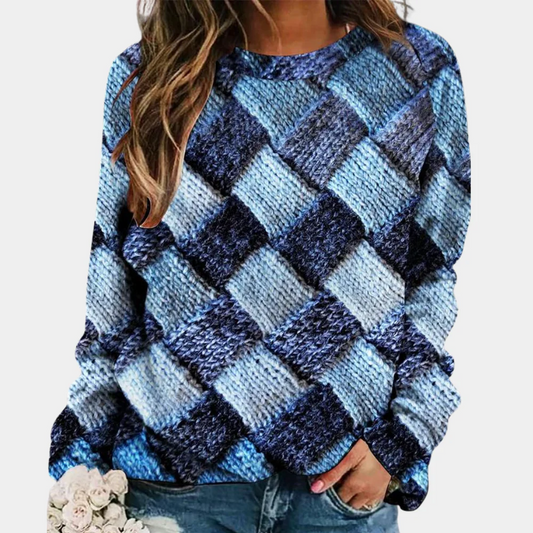 Damen Strickpullover – Wollmix – Lockerer Schnitt – Karomuster – Rundhalsausschnitt