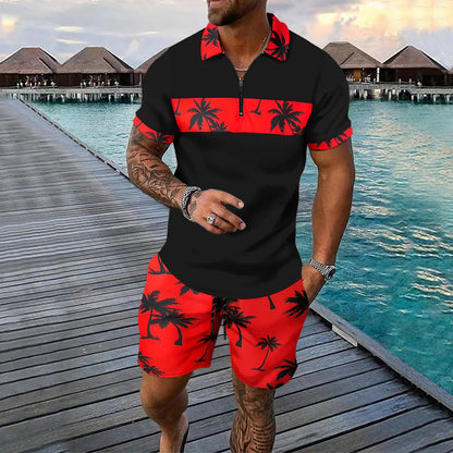 Herren Freizeitanzug – Tropical Muster – Zip-Poloshirt – Shorts mit Kordelzug