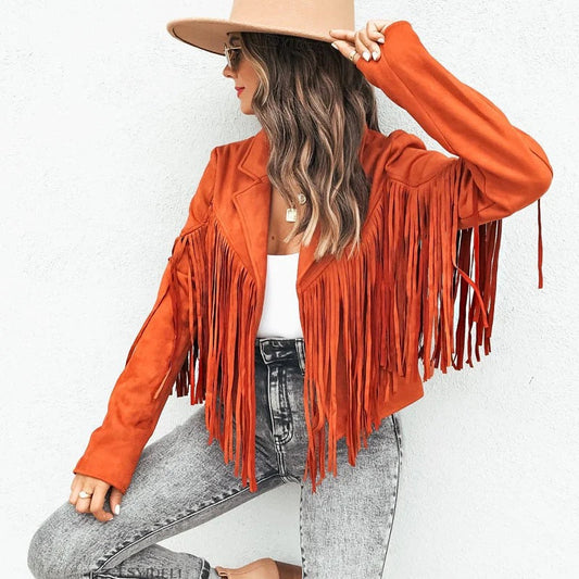 Damen Lederjacke – Taillierter Schnitt – Fransen Design – Hüftlanges Casual Modell