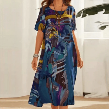 Damen Midikleid – Lockerer Schnitt – Baumwolle – Kurzarm – Abstraktes Muster