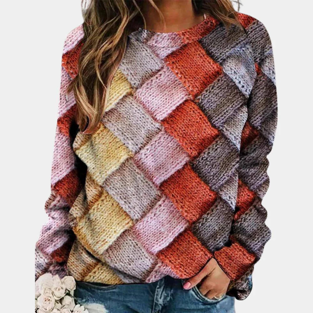Damen Strickpullover – Wollmix – Lockerer Schnitt – Karomuster – Rundhalsausschnitt