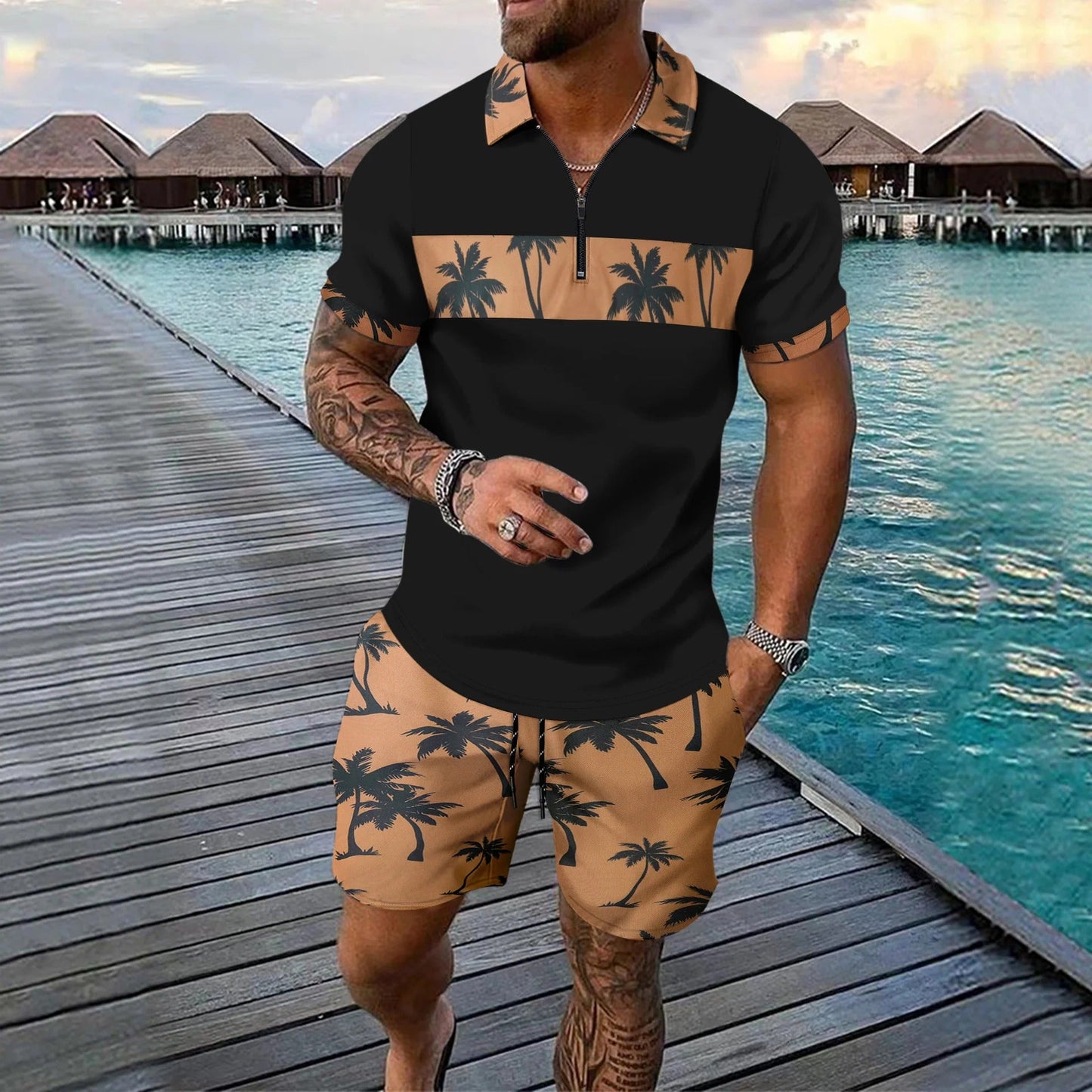 Herren Freizeitanzug – Tropical Muster – Zip-Poloshirt – Shorts mit Kordelzug