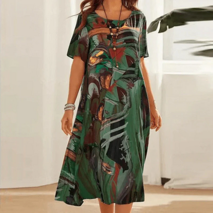 Damen Midikleid – Lockerer Schnitt – Baumwolle – Kurzarm – Abstraktes Muster