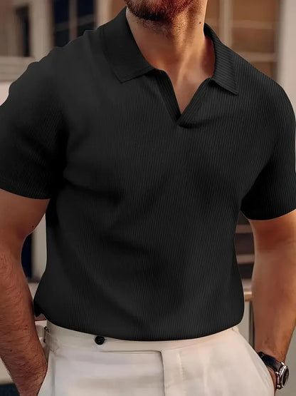 Herren Poloshirt – Slim Fit – Waffelstruktur – Kurzarm mit V-Ausschnitt