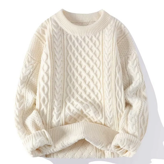 Damen Pullover – Wollmix – Lockerer Schnitt – Zopfmuster – Gerippter Rundhalsausschnitt