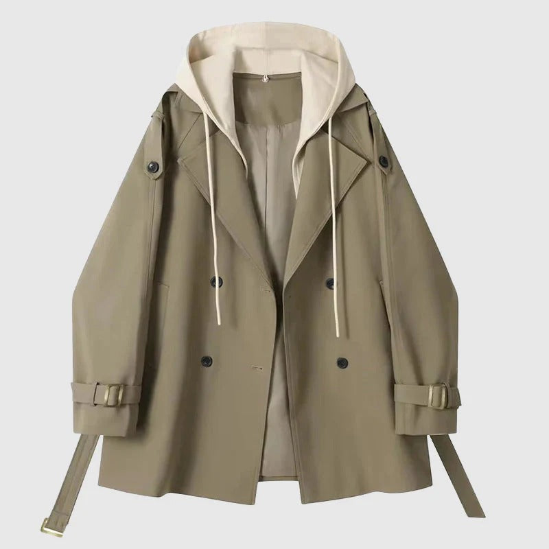 Damen Trenchcoat – Oversized Fit – Kapuze – Doppelreiher – Gürtel – Baumwolloptik