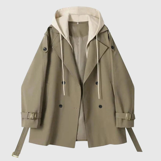 Damen Trenchcoat – Oversized Fit – Kapuze – Doppelreiher – Gürtel – Baumwolloptik