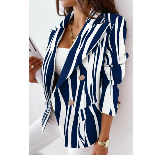 Damen Blazer – Tailored Fit – Doppelreihig – Gestreift – Hüftlang – Reverskragen