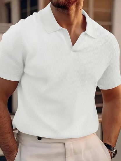Herren Poloshirt – Slim Fit – Waffelstruktur – Kurzarm mit V-Ausschnitt