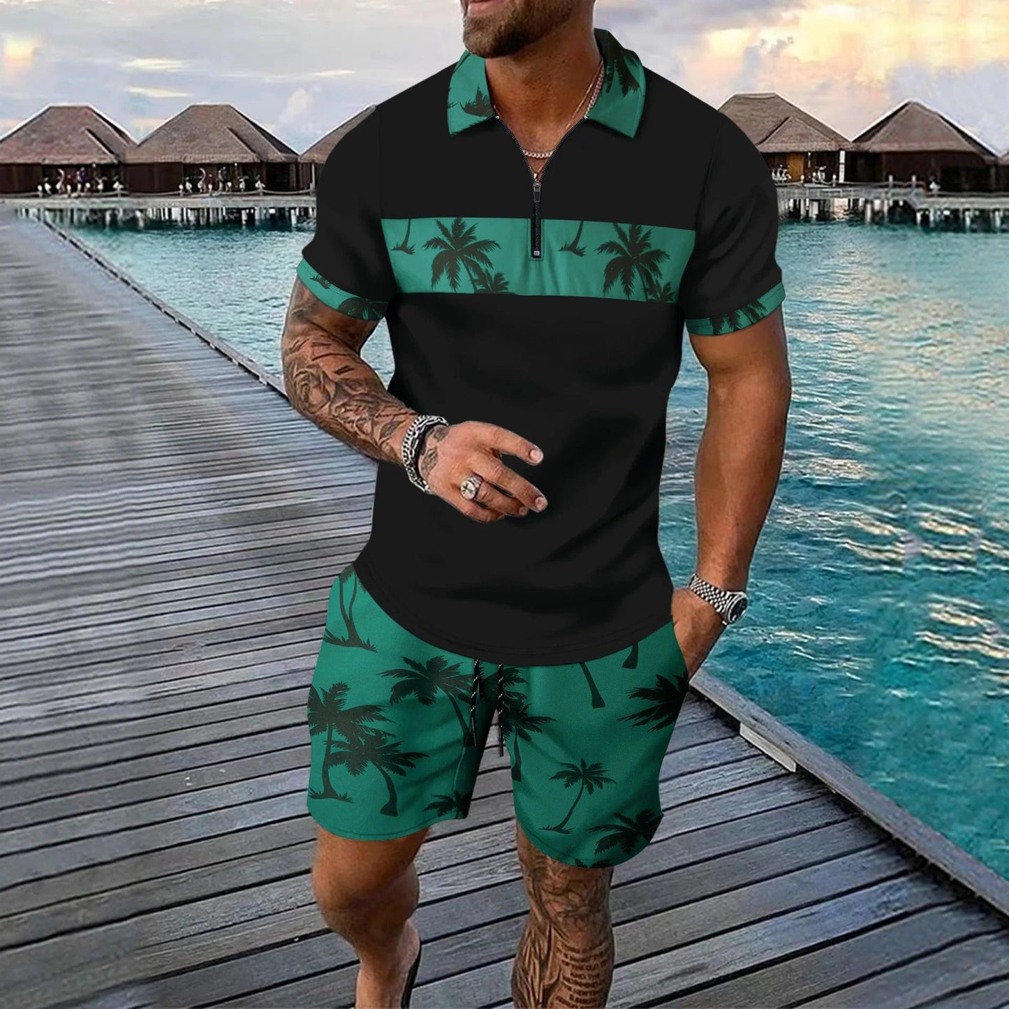 Herren Freizeitanzug – Tropical Muster – Zip-Poloshirt – Shorts mit Kordelzug