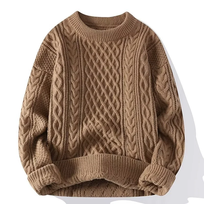Damen Pullover – Wollmix – Lockerer Schnitt – Zopfmuster – Gerippter Rundhalsausschnitt