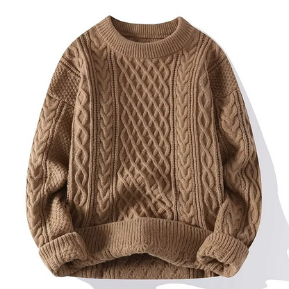 Damen Pullover – Wollmix – Lockerer Schnitt – Zopfmuster – Gerippter Rundhalsausschnitt