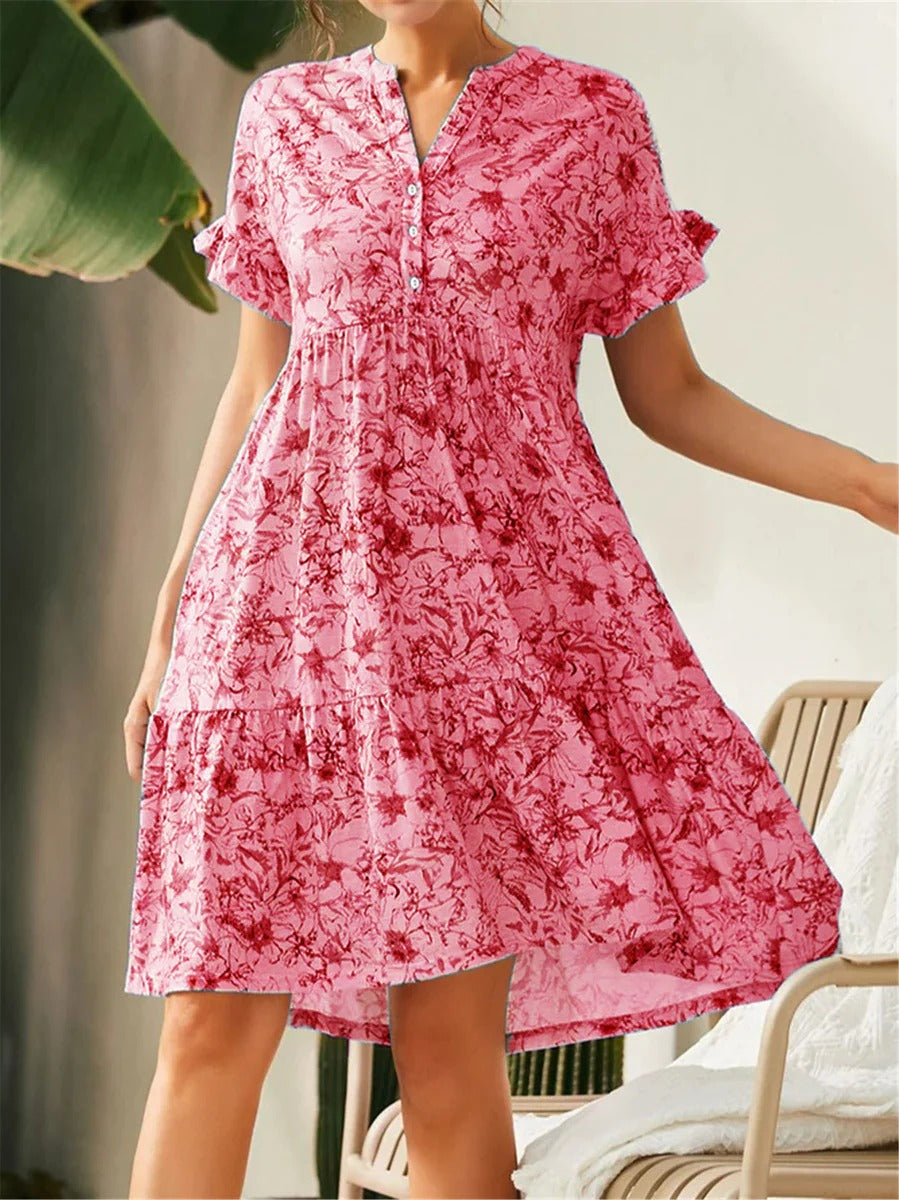 Damen A-Linienkleid – V-Ausschnitt – Blumenmuster – Rüschenärmel – Stufensaum