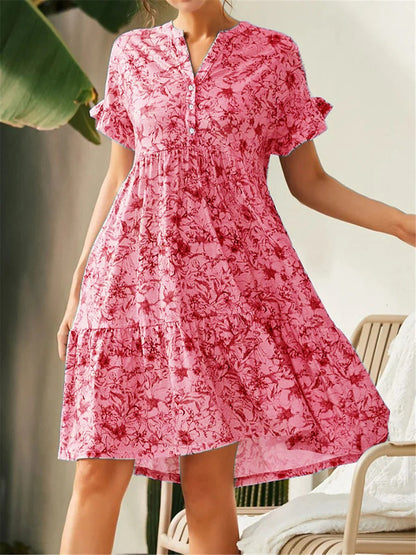 Damen A-Linienkleid – V-Ausschnitt – Blumenmuster – Rüschenärmel – Stufensaum
