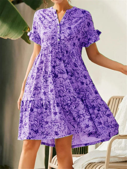 Damen A-Linienkleid – V-Ausschnitt – Blumenmuster – Rüschenärmel – Stufensaum