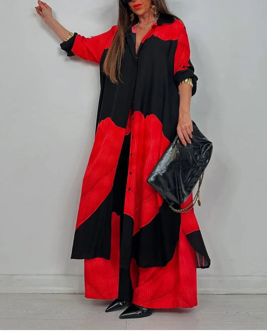 Damen Zweiteiler Set – Lockere Tunika mit Knopfleiste – Weite Hose – Atmungsaktiv